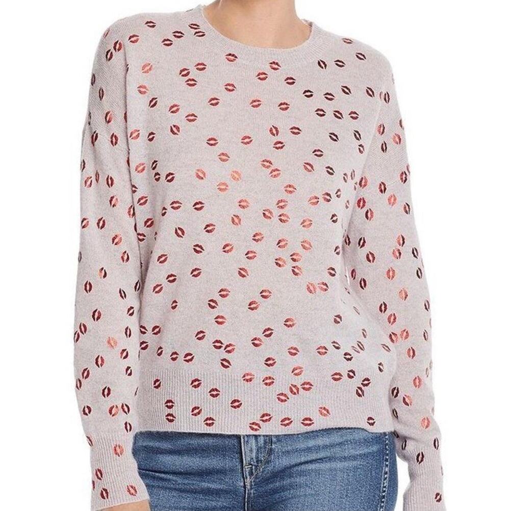 27 Miles Malibu Foil Lips 100% Cashmere Sweater Gray Pink Kiss Print Small